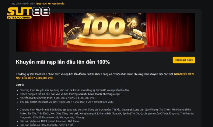 Khuyến mãi Sut88 tặng nạp lần đầu 100% giá trị
